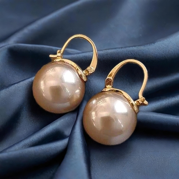 Pearl drop hoop earrings faux rose gold classic gold plated - Picture 2 of 5
